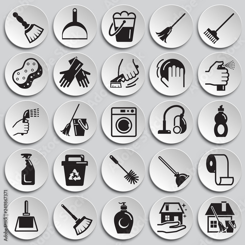 Cleaning icons set on plates background for graphic and web design, Modern simple vector sign. Internet concept. Trendy symbol for website design web button or mobile app