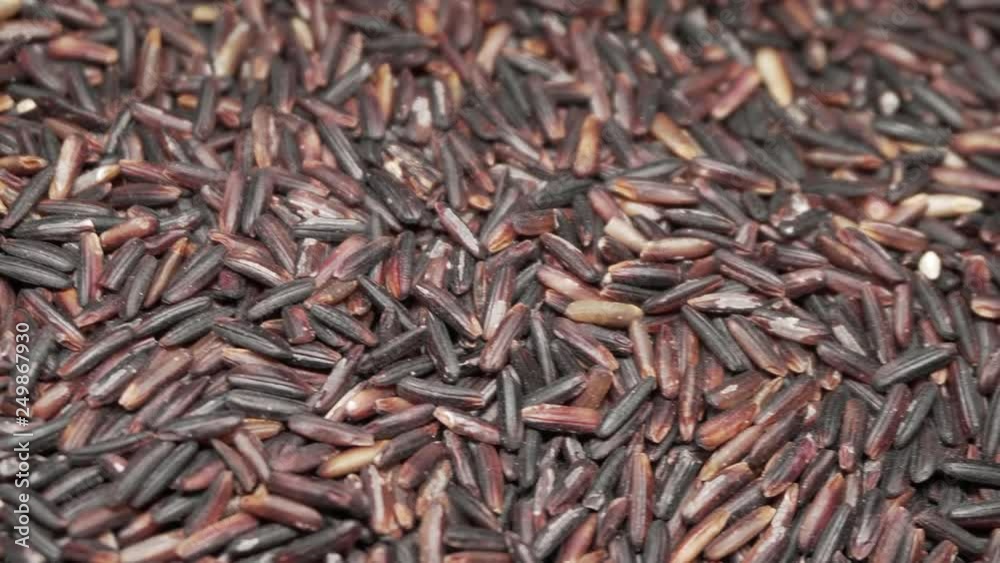 Dry Uncooked Brown Whole Grain Rice Rotating. Healthy Superfood