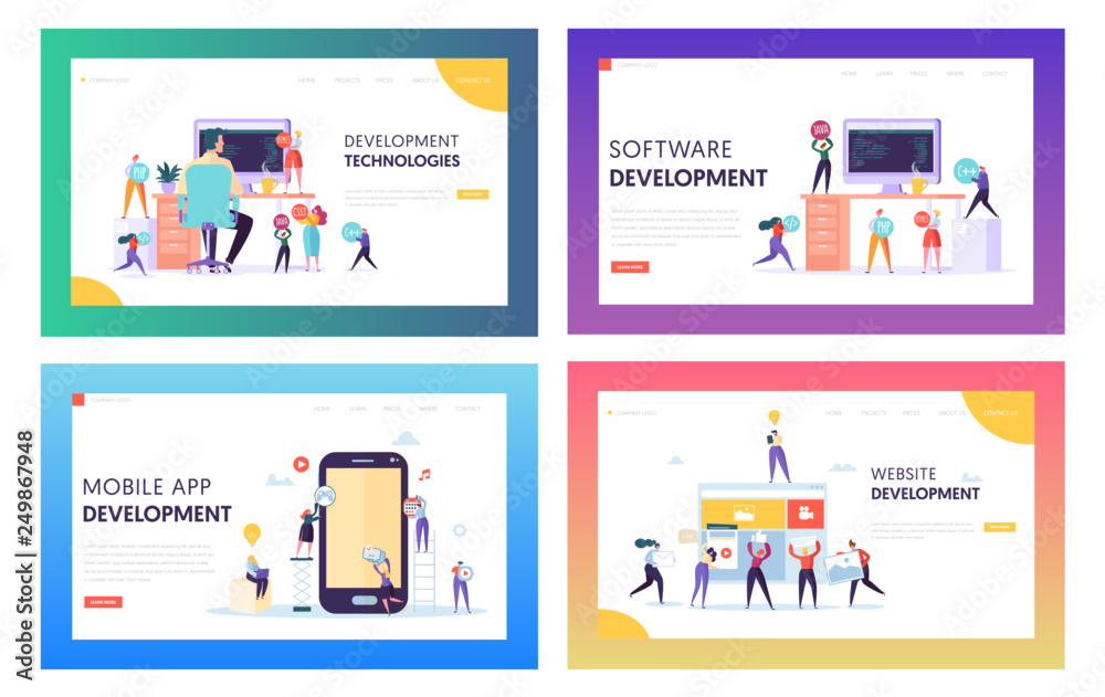 People Character Make Software Development Landing Page. Programming Code on Smartphone and Computer Screen Set. Coding Concept Website or Web Page. Flat Cartoon Vector Illustration