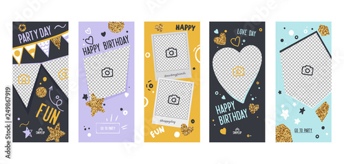 Instagram Story Happy Birthday Banner Mobile App Page Onboard Screen Set. Fun Modern Glitter Heart Star Design. Social Media Background Website or Web Page. Flat Cartoon Vector Illustration