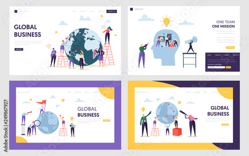 People Character Make Global Business on Front Earth Landing Page. Male and Female Work for New Idea Set. Creative Teamwork Concept Website or Web Page. Flat Cartoon Vector Illustration
