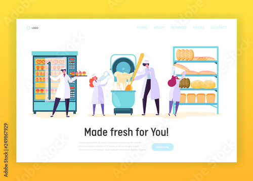 Professional Cook in Chef Uniform in Kitchen Landing Page. Male and Female Character Make Dough, Bake Bread, Muffin . Bakery Cooking Concept Website or Web Page. Flat Cartoon Vector Illustration