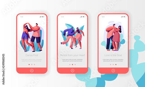 Couple Dance Together Mobile App Page Onboard Screen Set. Boy and Girl Partner do Dancing Step. Active Date at Leisure. Lovers Enjoy Time Concept for Website. Flat Cartoon Vector Illustration