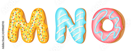 Donut icing upper latters - M, N, O. Font of donuts. Bakery sweet alphabet. Donut alphabet latters A b C isolated on white background