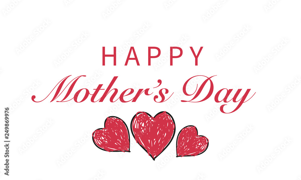 ''Happy Mother's Day'' text with doodle red hearts. Happy Mother's day greeting card