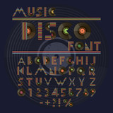 Music disco retro font. Alphabet and numbers with vinyl records.