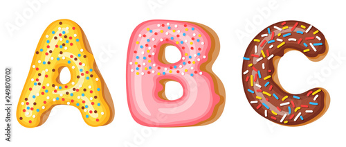Donut icing upper latters - A, B, C. Font of donuts. Bakery sweet alphabet. Donut alphabet latters A b C isolated on white background