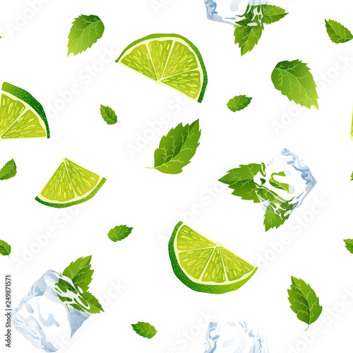 Seamless white pattern, mojito with Ice cubes
