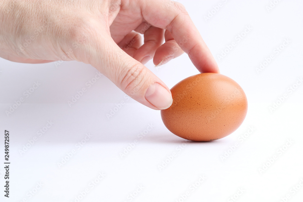 Hand holds brown chicken egg isolated on light background. Hand holds brown chicken egg isolated on light background.