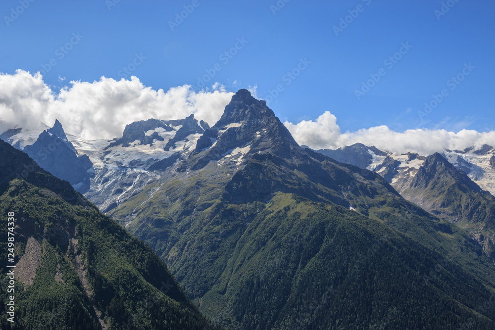 Closeup view mountains scenes in national park Dombai, Caucasus, Russia