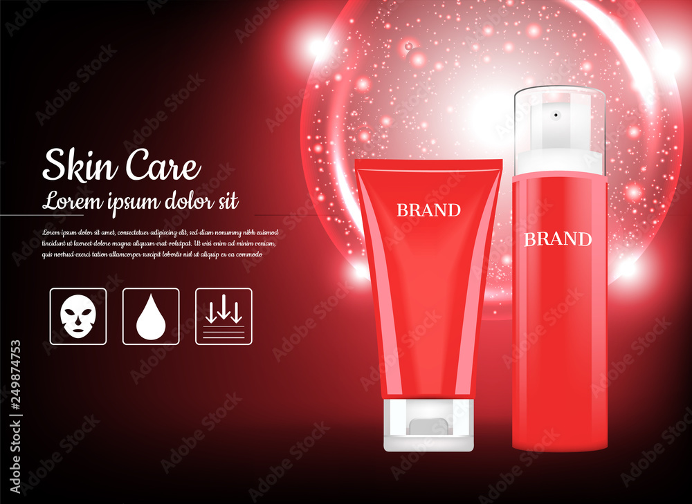 Cosmetic ad, red skincare set with glitter light Cosmetic ad, red skincare set with glitter light