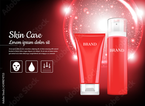 Cosmetic ad, red skincare set with glitter light