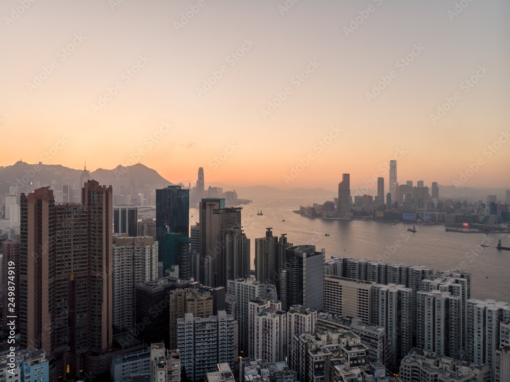 Sunset over Hong Kong and the Victoria harbor