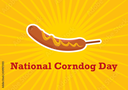 National Corndog Day vector. Corn dog with mustard cartoon icon. American Food Feast