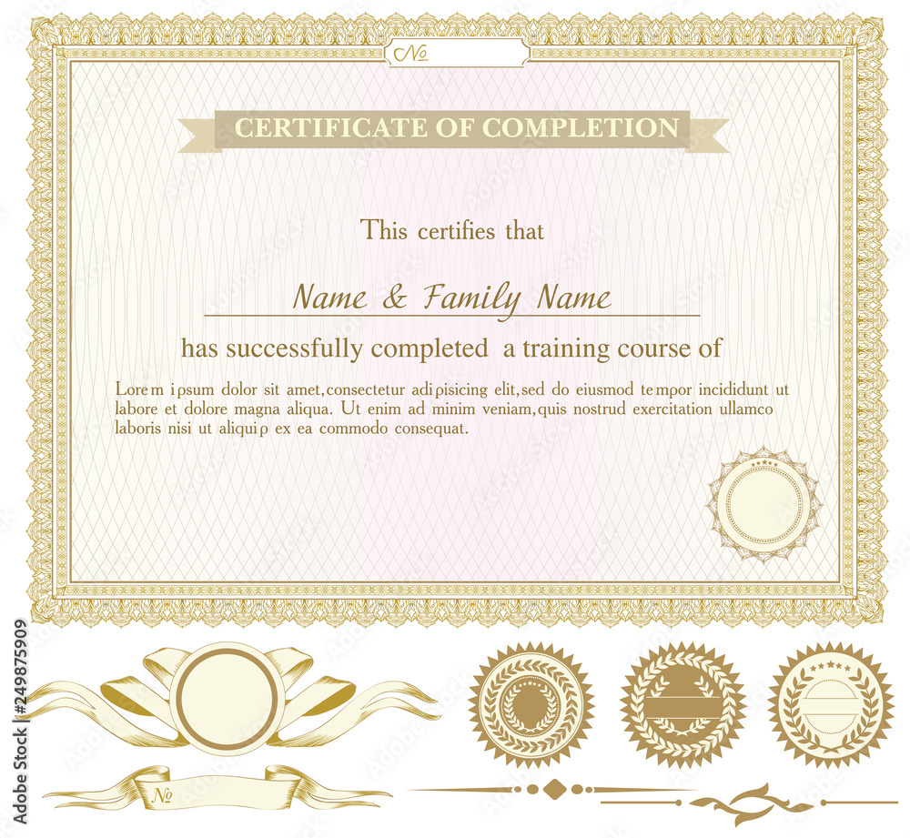 Gold horizontally certificate template with additional design elements Gold horizontally certificate template with additional design elements