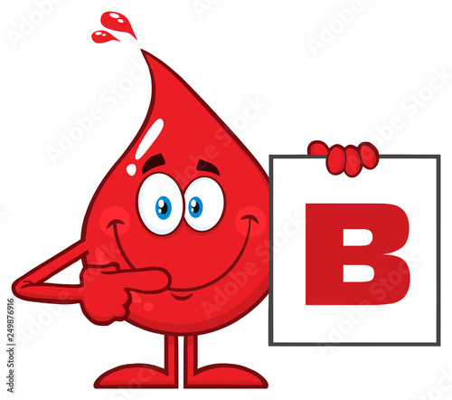 Red Blood Drop Cartoon Character Show A Board With Blood Type B. Vector Illustration Isolated On Transparent Background