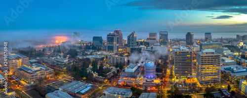 Aerial view of downtown Sacramento at sunset