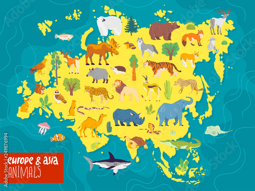 Wallpaper Mural Vector flat illustration of Europe & Asia continent, animals & plants: polar bear, moose, squirrel, wolf, elephant, tiger, rhino, crocodile, jaguar etc. Good for infographics, children book, banners. Torontodigital.ca