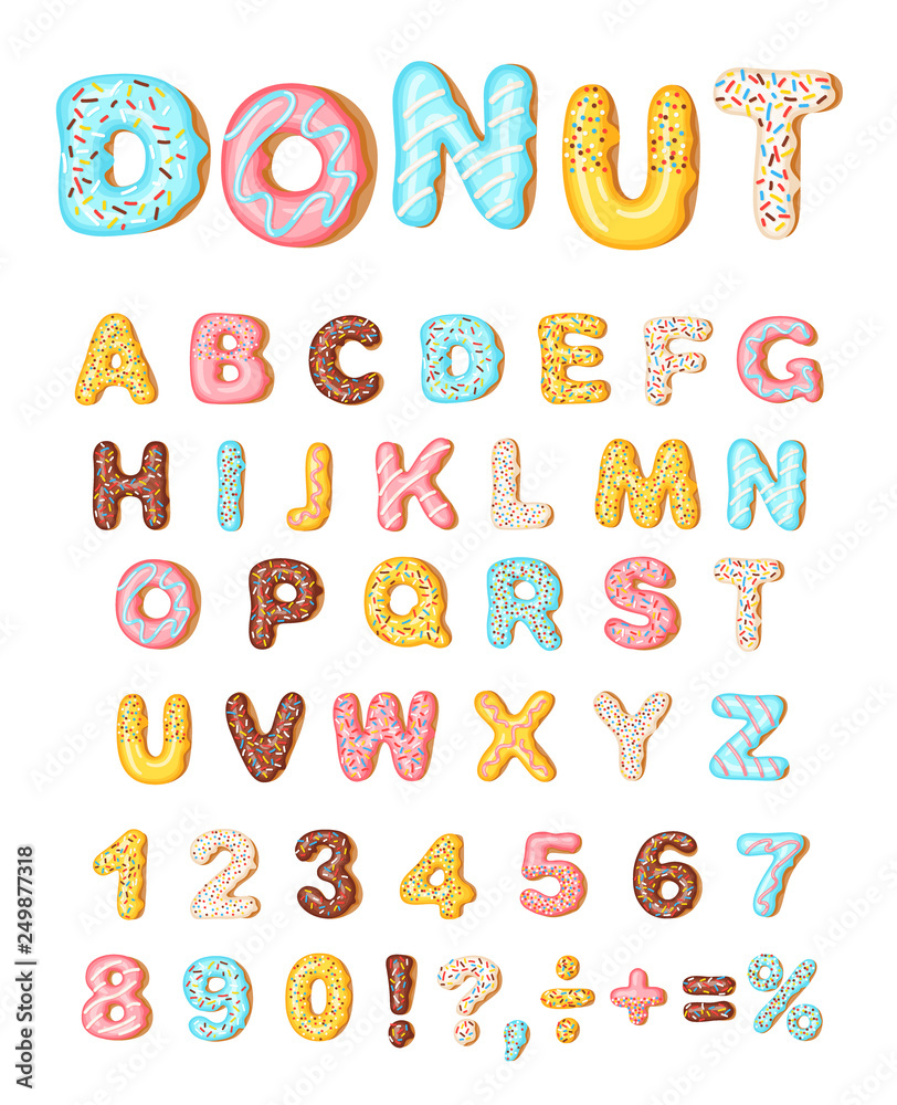 Donut icing latters, font of donuts. Bakery sweet alphabet. Letters and