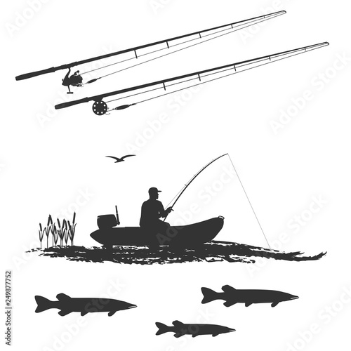 fish pike and fisherman in a rubber boat , stylized wave. Spinning holds in his hands.Two separate spinning. Isolate on white background.