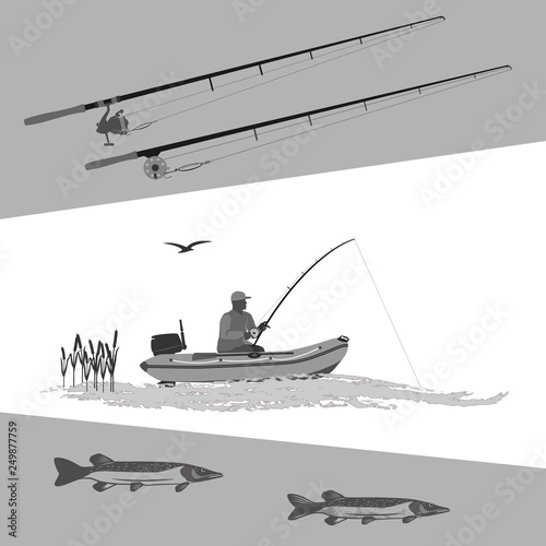 fish pike and fisherman in a rubber boat , stylized wave. Spinning holds in his hands.Two separate spinning. Isolate on white background.
