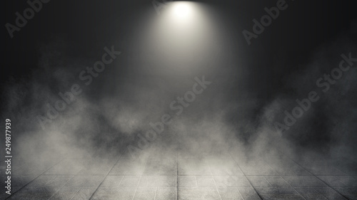 Background of empty stage, pavement tiles, night, spotlight, neon light, smoke