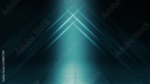 Background of empty stage, pavement tiles, night, spotlight, neon light, smoke