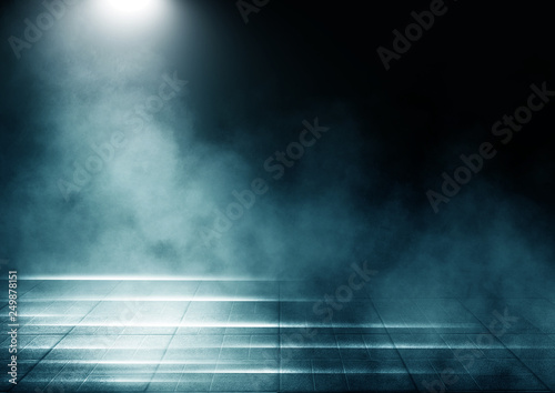 Background of empty stage, pavement tiles, night, spotlight, neon light, smoke