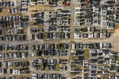 Cemetery. A view of the gravestones from above.