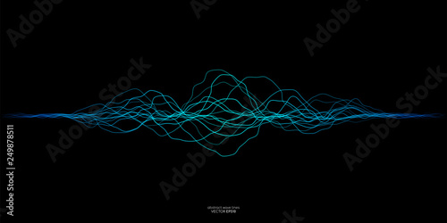 Vector wave lines flowing dynamic in blue green colors isolated on black background for concept of AI technology, music, sound