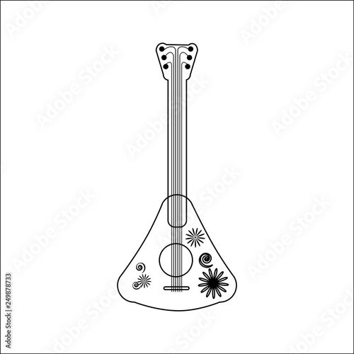linear Musical instrument balalaika with floral ornament. Folk Russian music. Black Contour object isolated on a white background. line music collection for coloring book