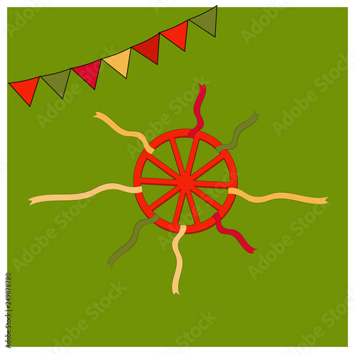 Red wheel and colorful ribbons. Shrovetide or Maslenitsa. Elements Russian national holiday. Educational cards or greeting cards. fair attributes Vector illustration