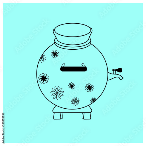 Samovar with floral ornament. Shrovetide or Maslenitsa. Linear elements Russian national holiday. Fair attributes. coloring book or printing clothes. Educational cards. Vector linear llustration