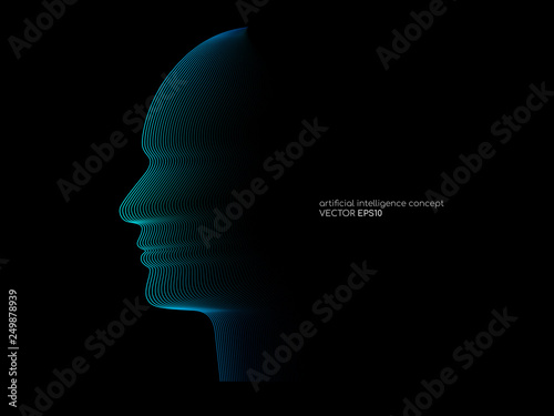 Artificial intelligence technology concept human head shape with light dots line blue color on black background. Vector in concept technology, communication, digital, ai, science.