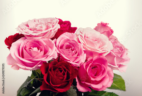 Luxury bouquet made of red, pink roses in flower shop Valentines Bouquet of red roses