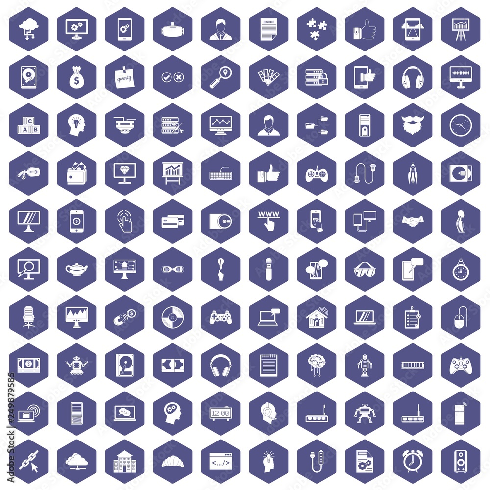 100 programmer icons set in purple hexagon isolated vector illustration 100 programmer icons set in purple hexagon isolated vector illustration