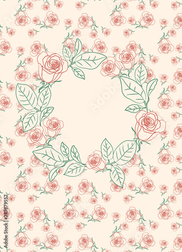Elegant red and green frame, wreath with roses. Happy Valentine`s day, Mother`s day, Save the day card. Vintage design postcard. Place for text, copyspace.