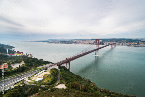 Panoramic view of Ponte 25 de Abril, long bridge in Lisbon, Portugal