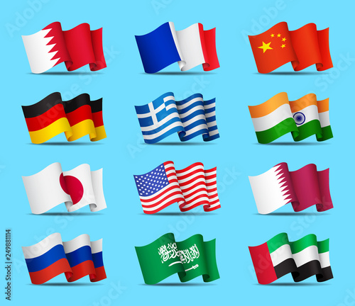 Set of waving flags icons isolated, official symbols of countrys, vector illustration.
