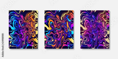Set of 3 gradient liquid abstract backgrounds. Rainbow fluid concept backdrop collection, oil spill on black. Hand drawn vertical cover templates. Beautiful illustration, creative poster. Vector.