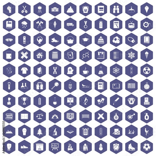 100 school years icons set in purple hexagon isolated vector illustration