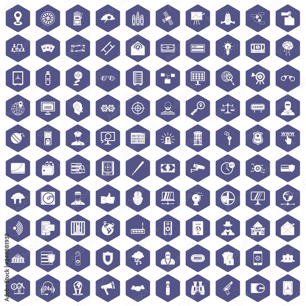 100 security icons set in purple hexagon isolated vector illustration 100 security icons set in purple hexagon isolated vector illustration