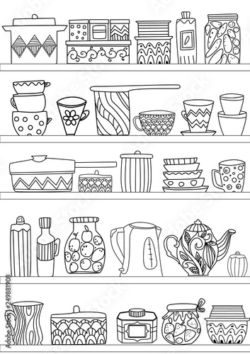 shelves with kitchen utensils and sweet food for your coloring b photo