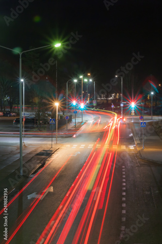 KOUVOLA, FINLAND - NOVEMBER 8, 2018: Long exposure photo. Night traffic on streets of Kouvola, Finland.