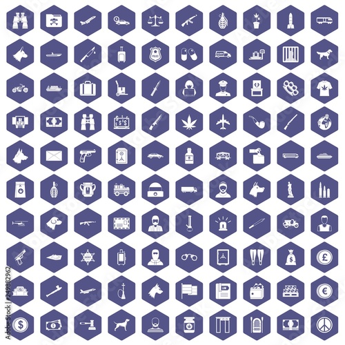 100 smuggling  icons set in purple hexagon isolated vector illustration