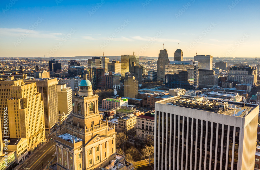 Aerial view of Newark New Jersey skyline on late sunny afternoon