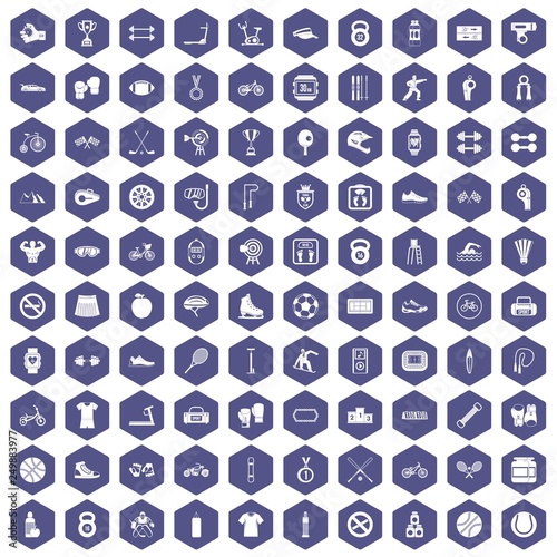 100 sport icons set in purple hexagon isolated vector illustration