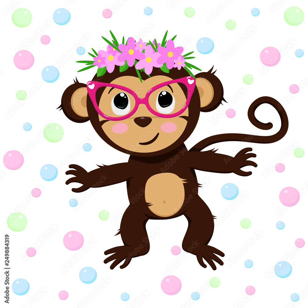 Obraz premium poster with cute monkey and flowers - vector, illustration, eps