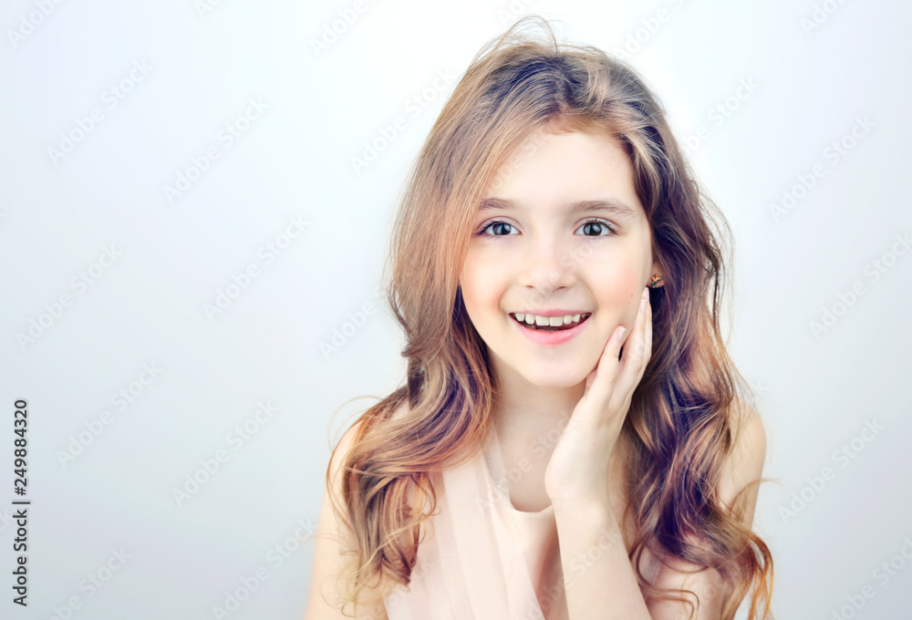 Beautiful caucasian young girl long hair portrait.