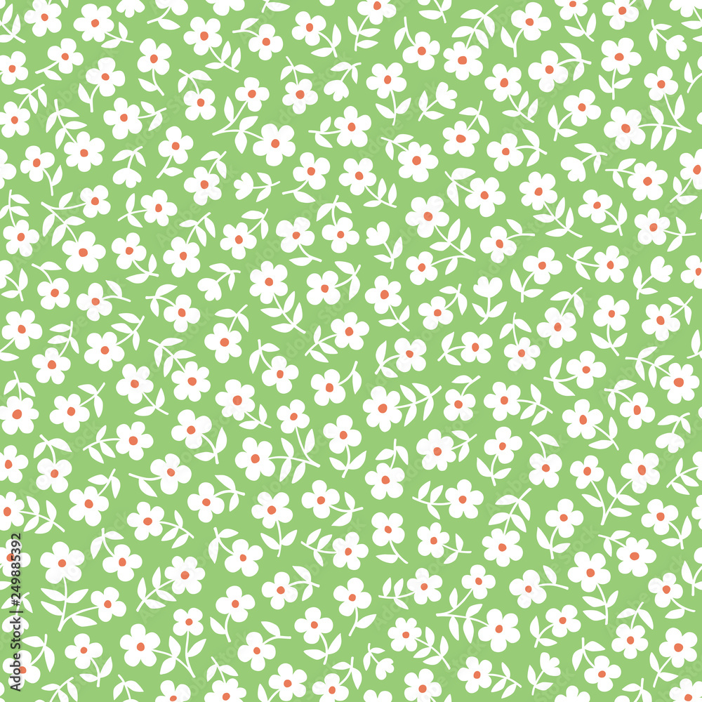 Seamless ditsy floral pattern in vector. Small white flowers on a green background.